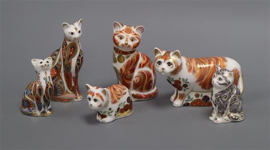 Six Royal Crown Derby cat and kitten paperweights